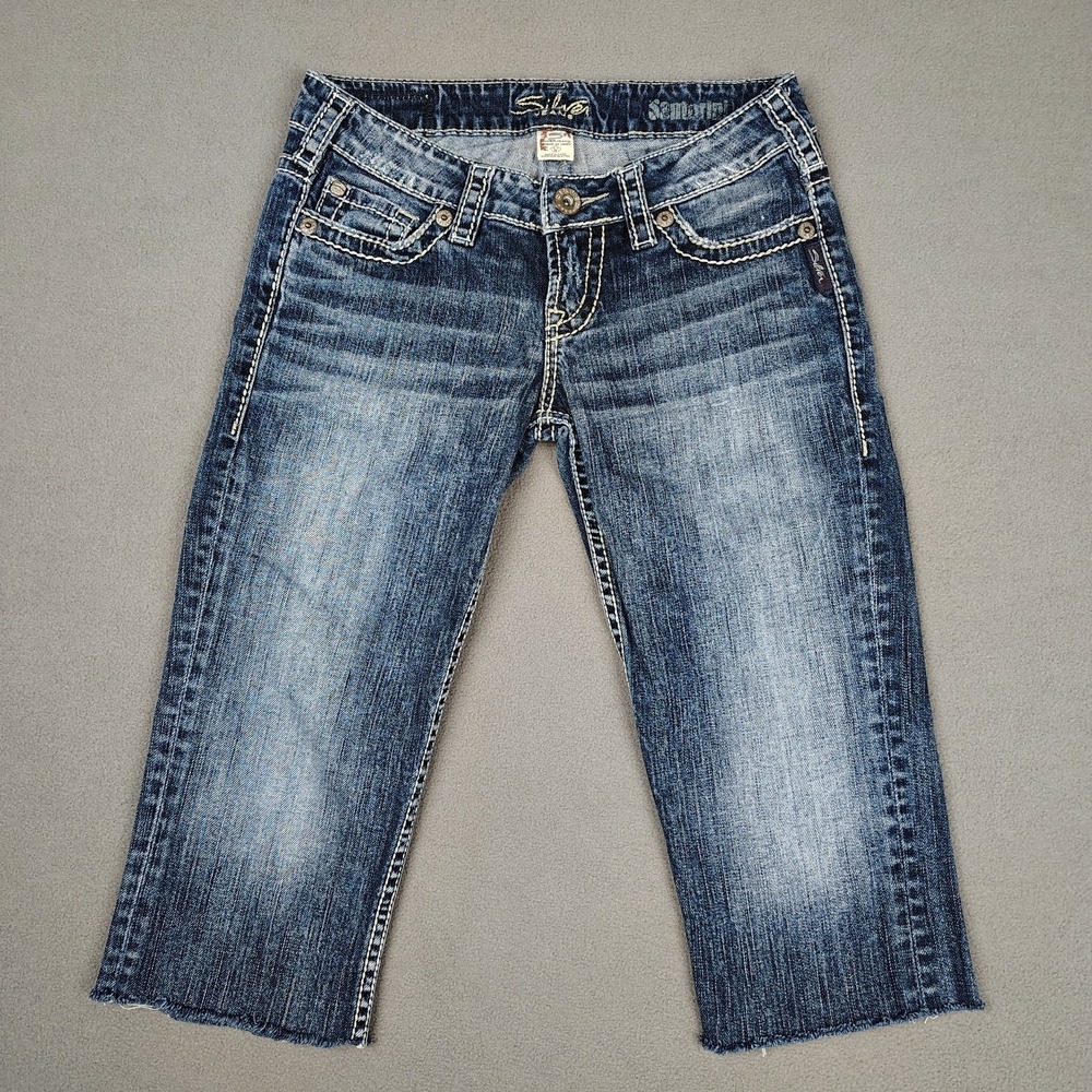 Y2K Cropped Silver Low Rise Jeans Women 26 Blue Cowgirl Stitched Pocket 17" Leg